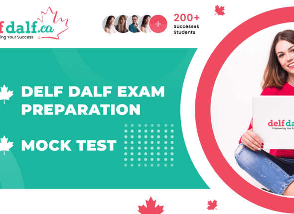 A man with headphones studying for DELF DALF preparation courses with the DELF DALF logo and the text 'DELF DALF Preparation Mock Tests'.
