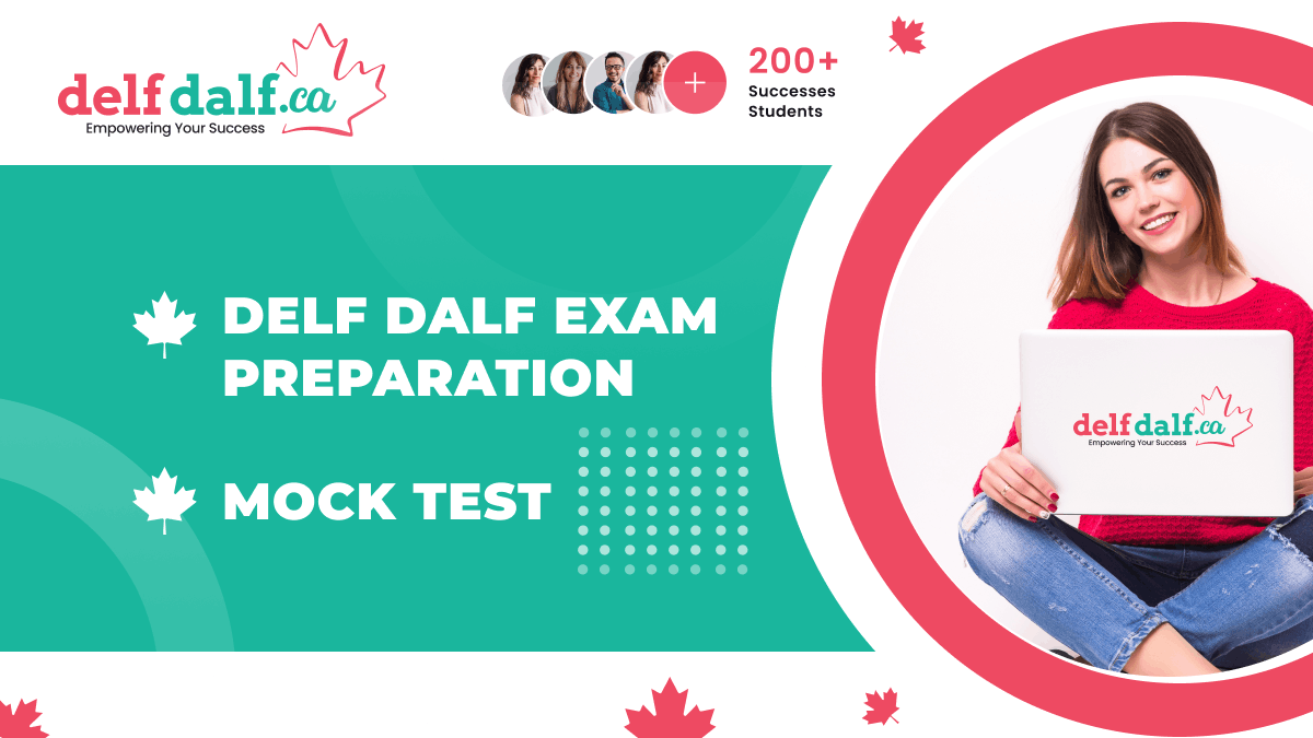 A man with headphones studying for DELF DALF preparation courses with the DELF DALF logo and the text 'DELF DALF Preparation Mock Tests'.
